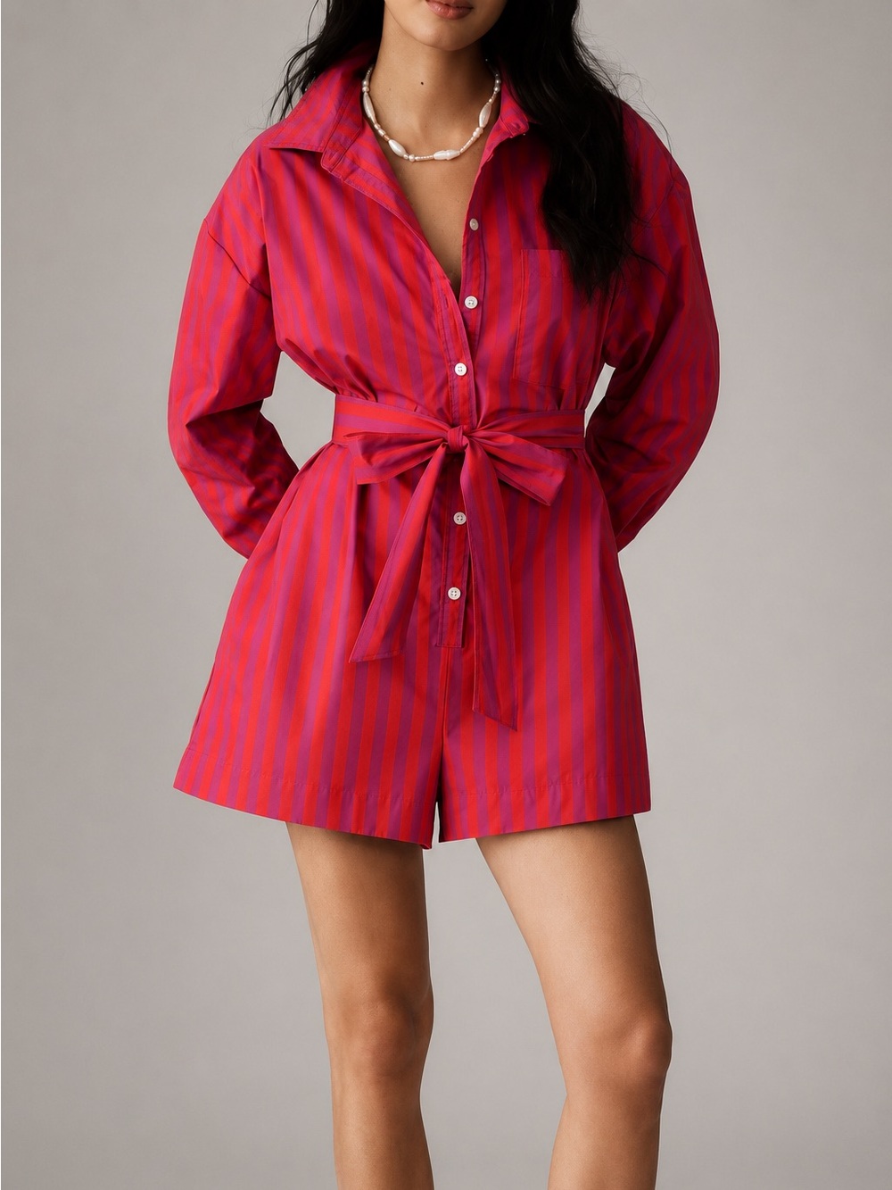Anthropologie Maeve The Bennet Red Pink Striped Button-Front Romper Size XS